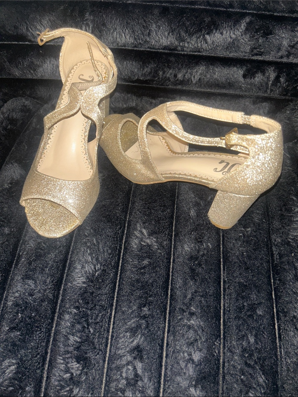 Glitter Block Heel Sandals in Gold with Ankle Strap